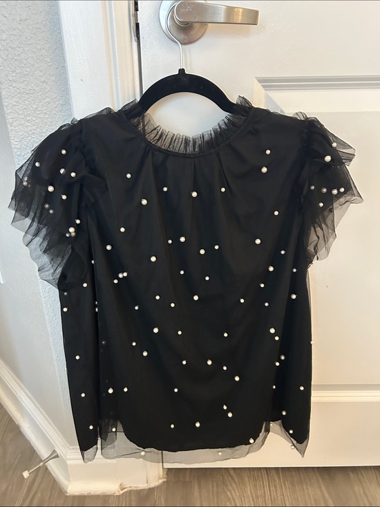 Avara Tops - Avara Black Pearl-Embellished Tulle Top